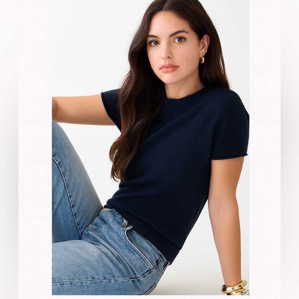 J.Crew 100% Cashmere Short Sleeve Navy Blue Sweater (Size Medium)